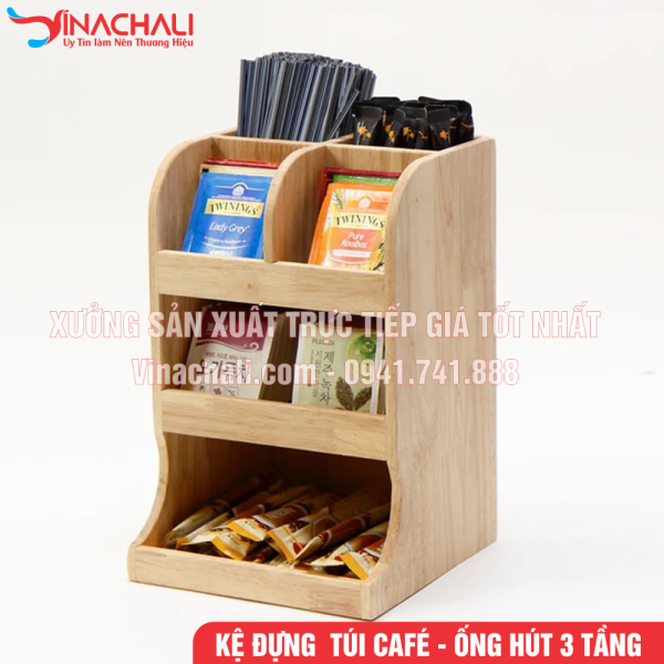 Kệ Để Ống Hút, Túi Cafe, Túi Trà Sữa, Đồ Pha Chế 3 Tầng Nhiều Ngăn Trong Quán Cafe, Quán Trà Sữa - KTS12 3